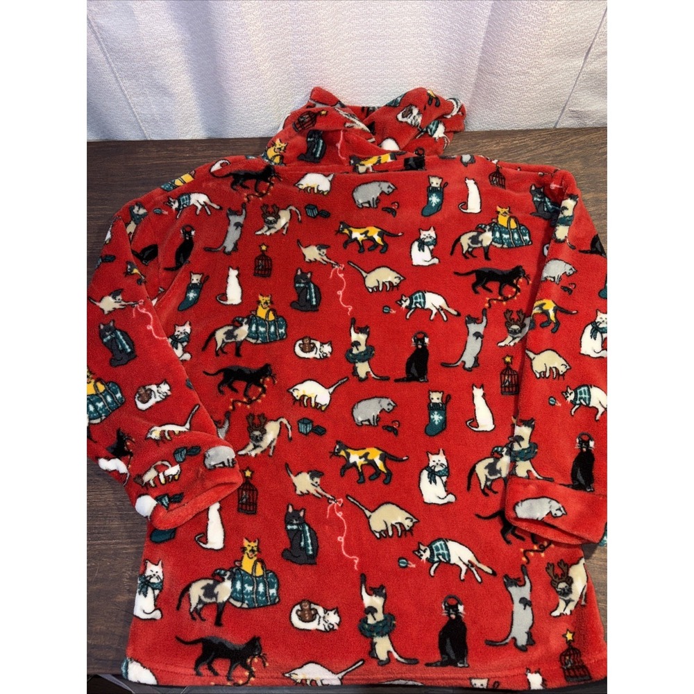 Vera Bradley Pajama Hoodie Top Holiday Cats Red Fleece Women's Small Pullover - Picture 5 of 6